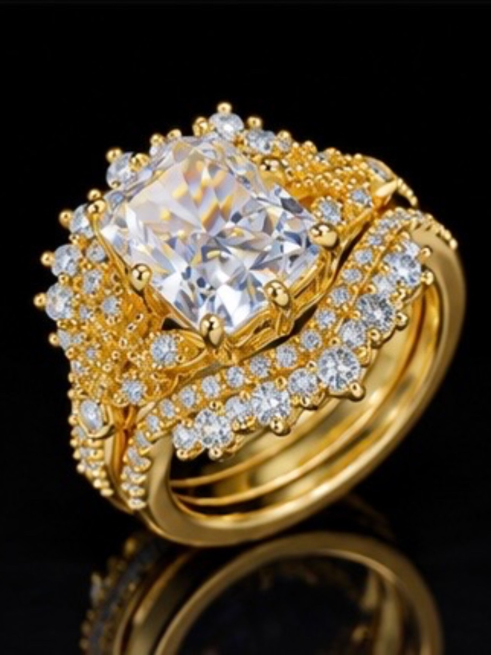 18K Gold 3 Carat Moissanite Ring – Luxury Radiant Cut | Pavé Halo Statement Ring